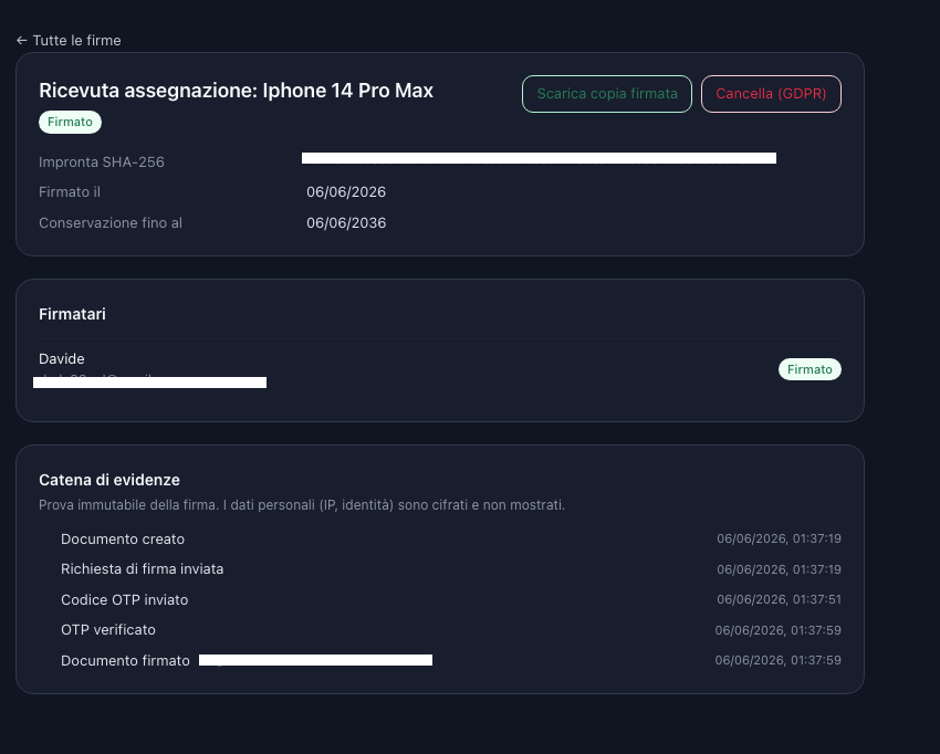 Gestione firme documenti in Meridian ARC — ricevute e contratti con firma elettronica avanzata (FEA) via email e OTP